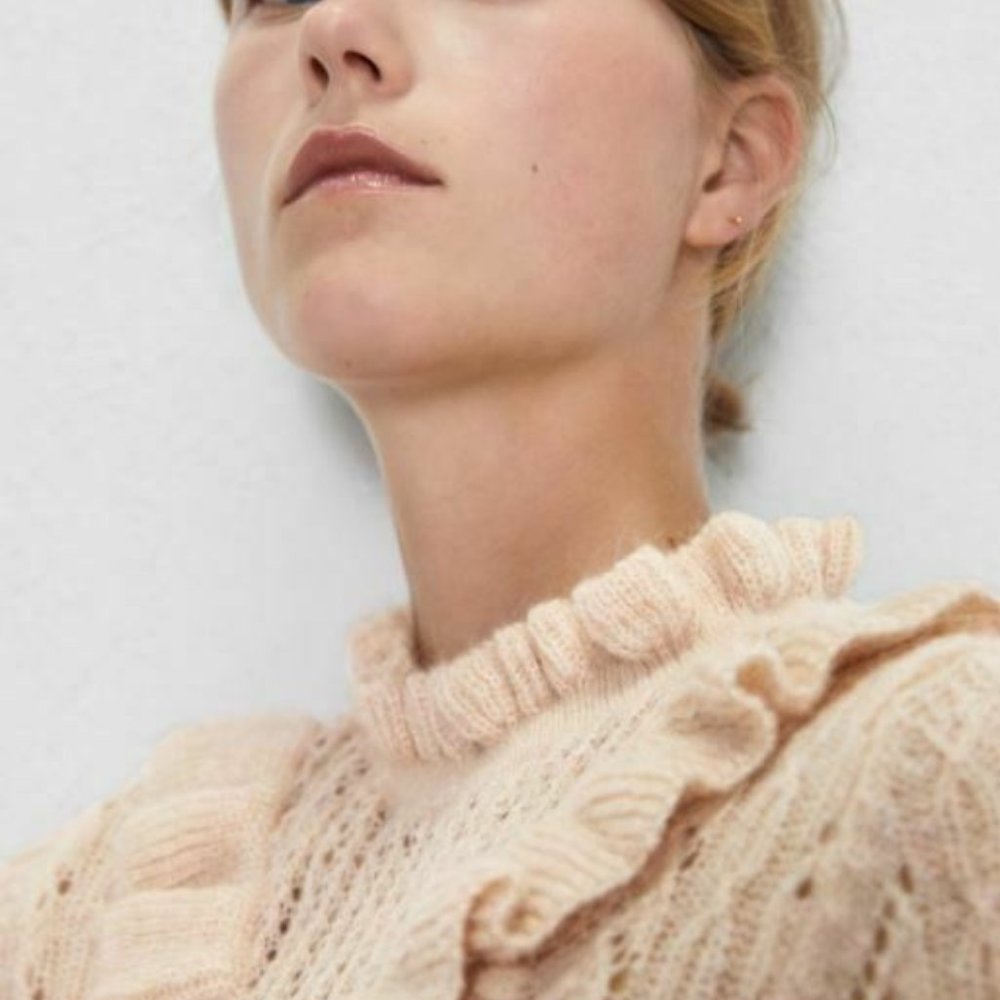 Zara Womens Pink Sweater Ruffle Trim Pointelle - Picture 5 of 7